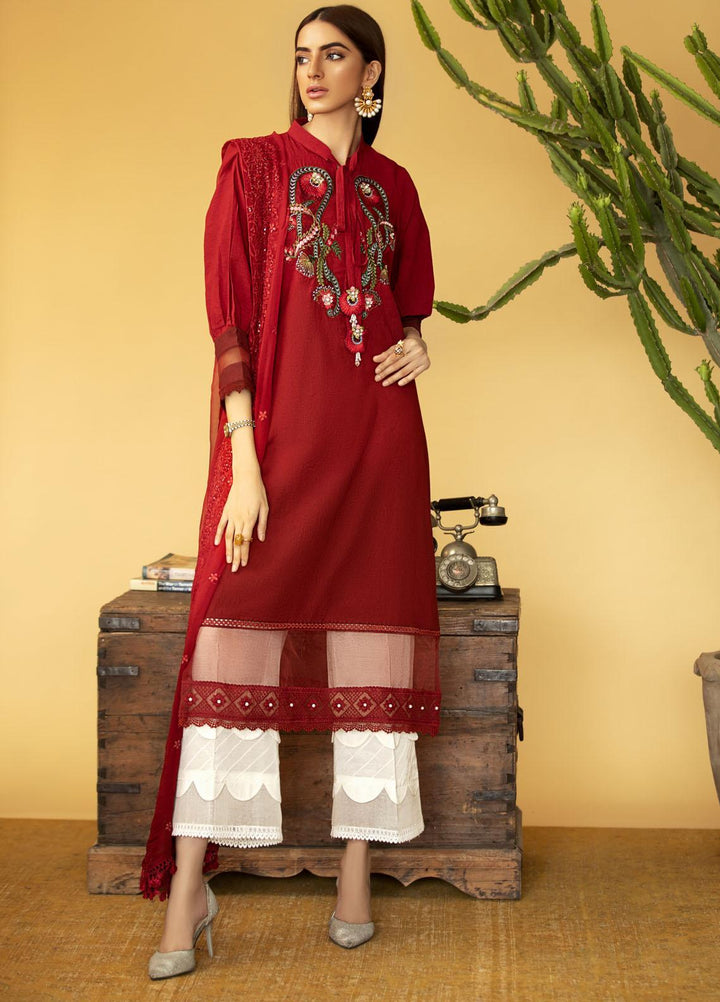Sadya Sumair Luxury Pret Embroidered Cotton Shirt Crimson Red