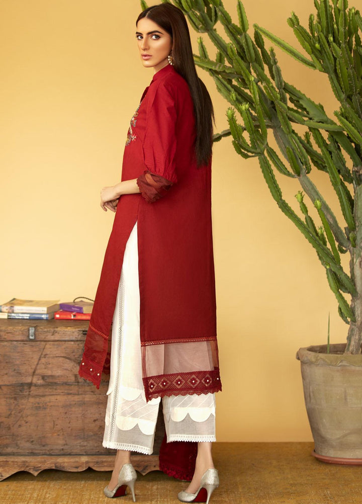 Sadya Sumair Luxury Pret Embroidered Cotton Shirt Crimson Red