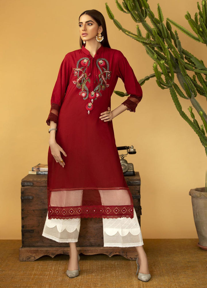 Sadya Sumair Luxury Pret Embroidered Cotton Shirt Crimson Red