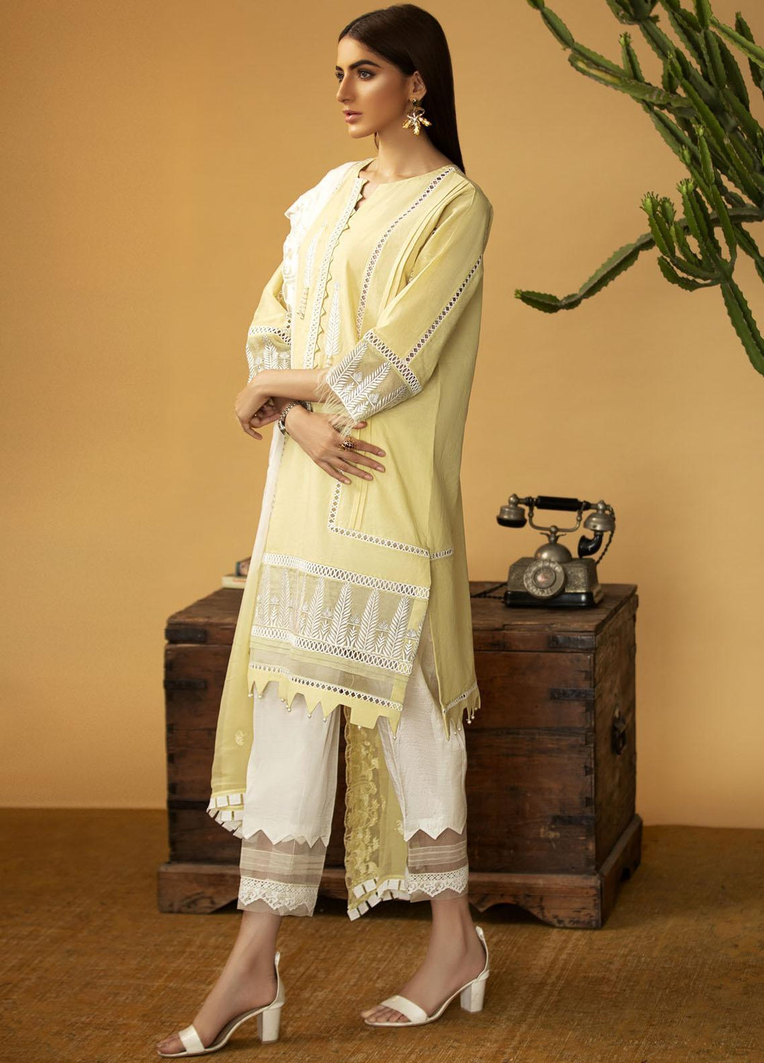Sadya Sumair Luxury Pret Embroidered Cotton Shirt Yellow and White