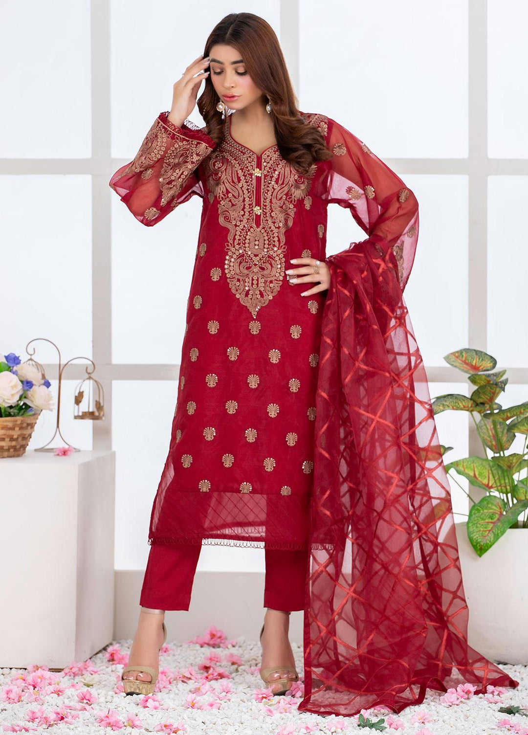 Mosaic Pret Luxury Organza 3 Piece Suit MS21S 02 MAROON