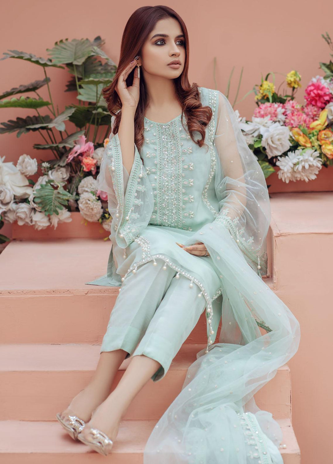 Surmai Luxury Pret  3 Organza Piece Dress SUR22EF SLP 19G PERAL GREEN