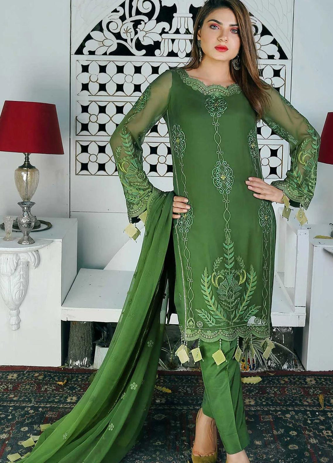 Surmai Luxury Pret Embroidered Chiffon 3 Piece Suit HENNA