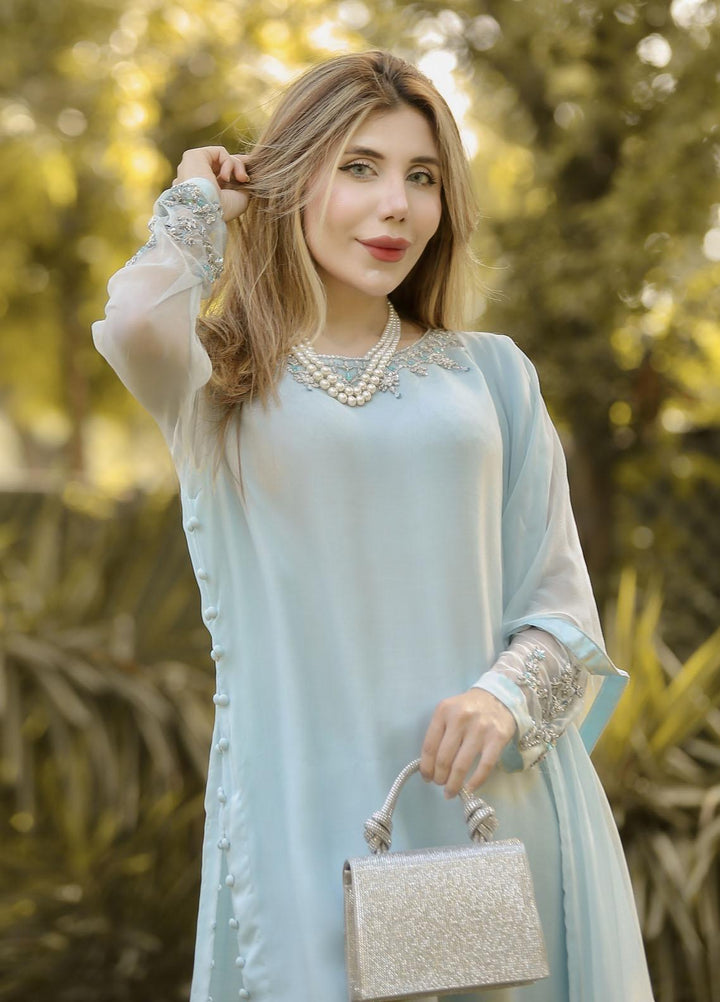 Manaal Arfeen Pret Embroidered  3 Piece Suit Ice Blue Frill