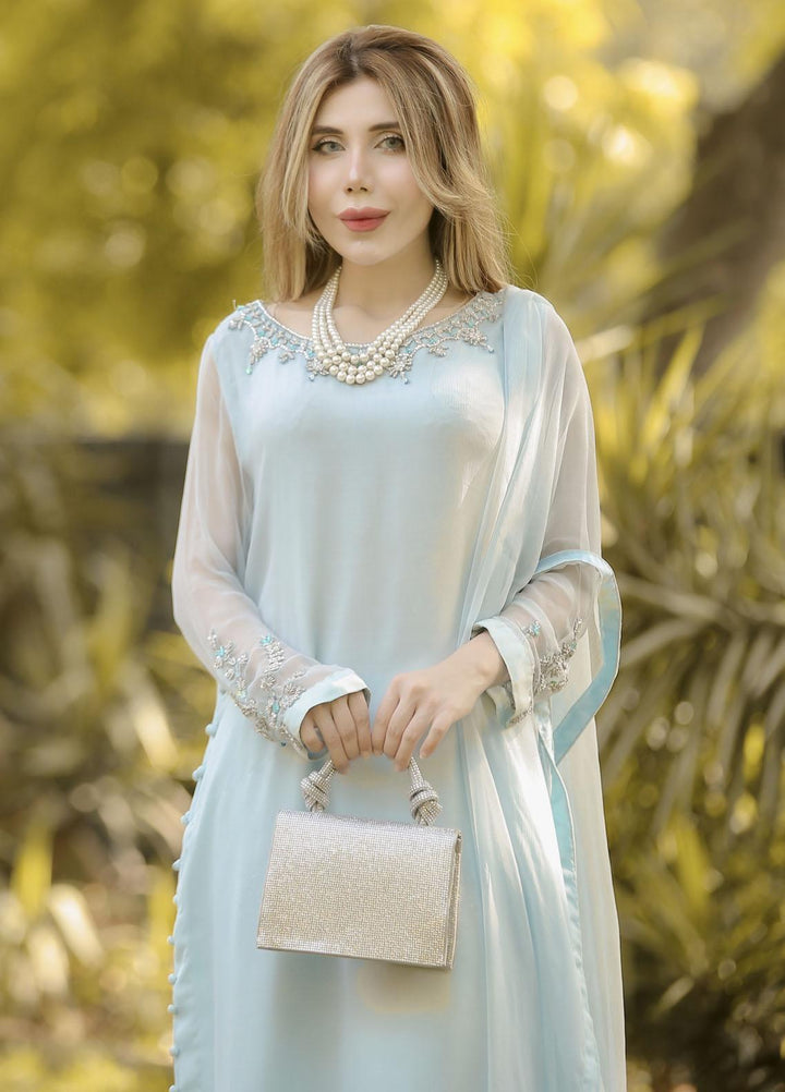 Manaal Arfeen Pret Embroidered  3 Piece Suit Ice Blue Frill