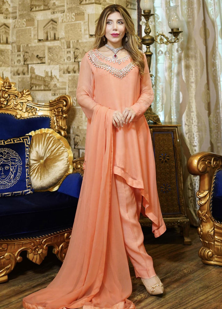 Manaal Arfeen Pret Embroidered  3 Piece Suit Peach Sparkle