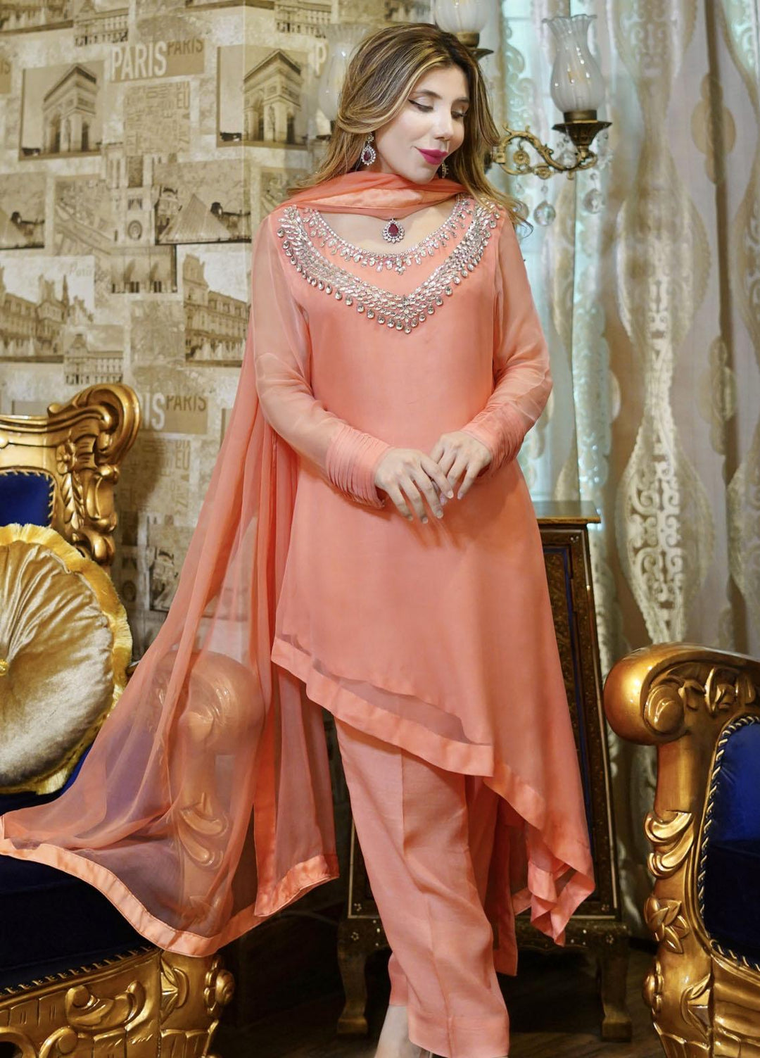 Manaal Arfeen Pret Embroidered  3 Piece Suit Peach Sparkle