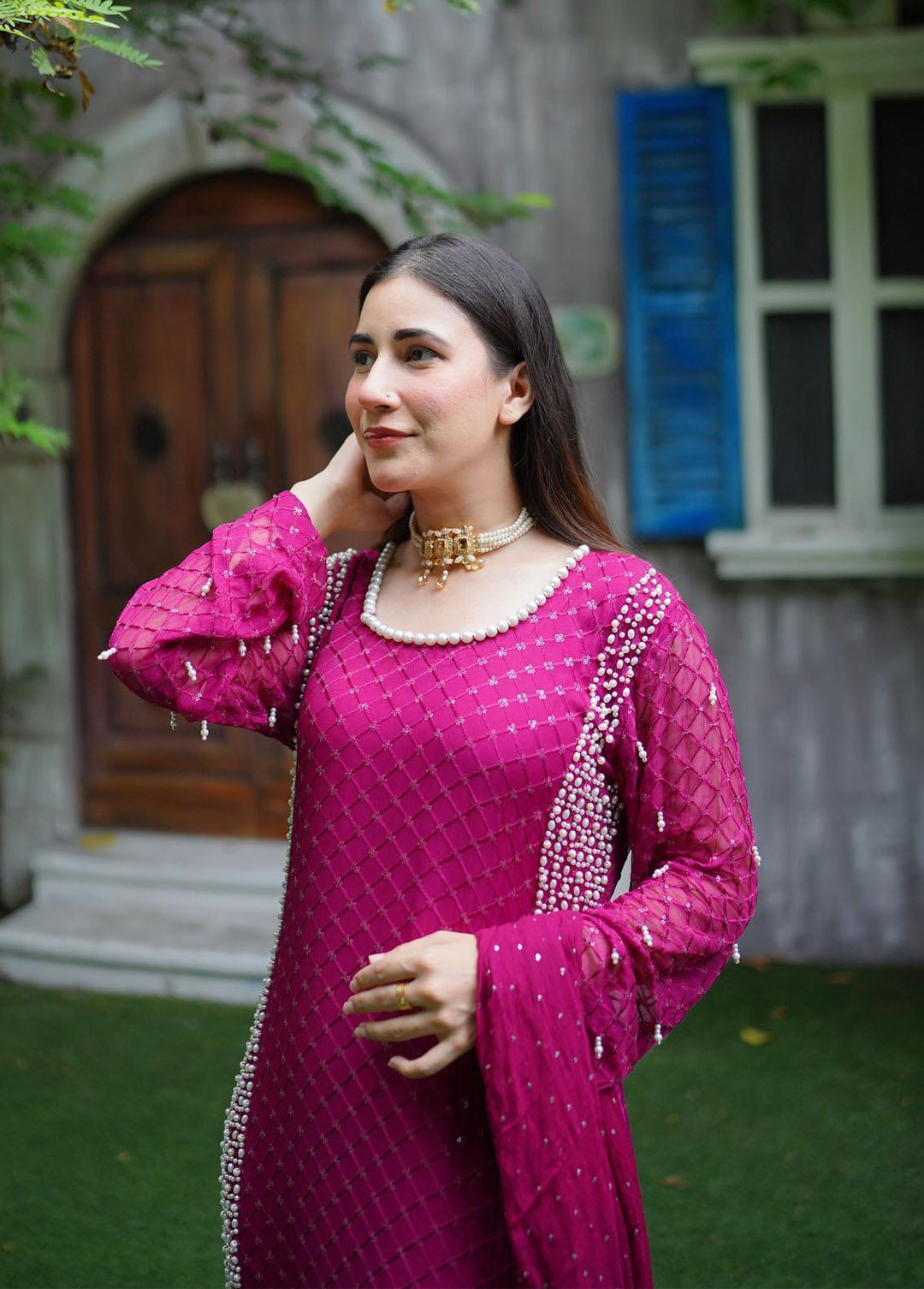 Manaal Arfeen Pret Embroidered  3 Piece Suit Magenta Pearl