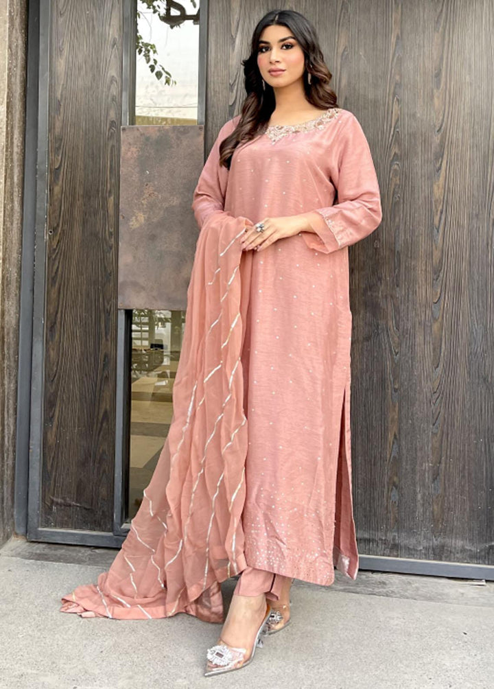 Manaal Arfeen Pret Eastern Raw Silk 3 Piece Suit MNL23T Peach Naqshi