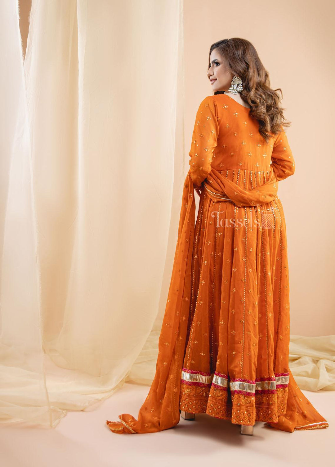 Tassels Pret  Chiffon 3 Piece Suit Narangi