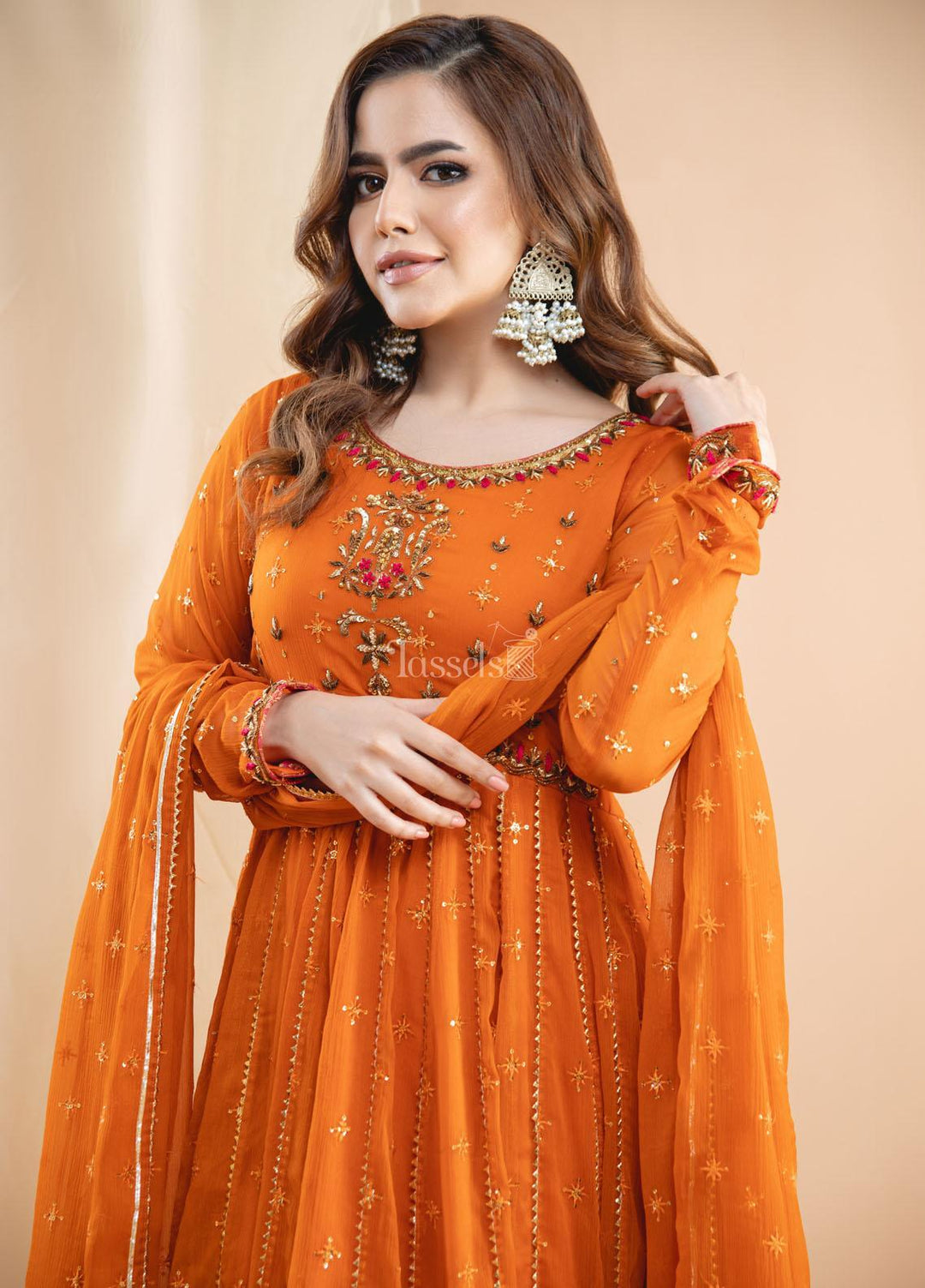 Tassels Pret  Chiffon 3 Piece Suit Narangi