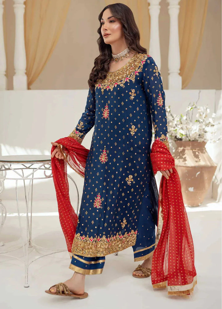 Tassels Pret Embroidered 3 Piece Suit Azure Dark Blue