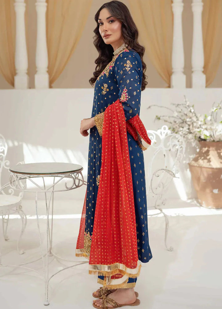 Tassels Pret Embroidered 3 Piece Suit Azure Dark Blue