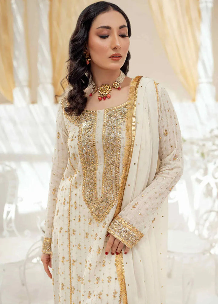 Tassels Pret Embroidered 3 Piece Suit Camallia Off White