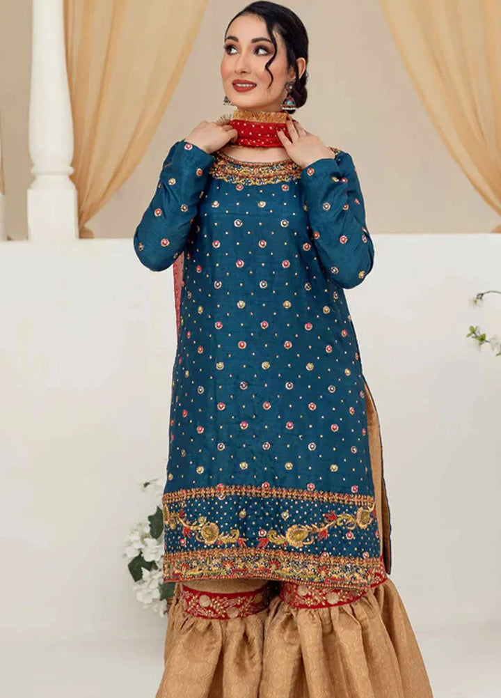 Tassels Pret Embroidered 3 Piece Suit Indigo Dark Sea Blue