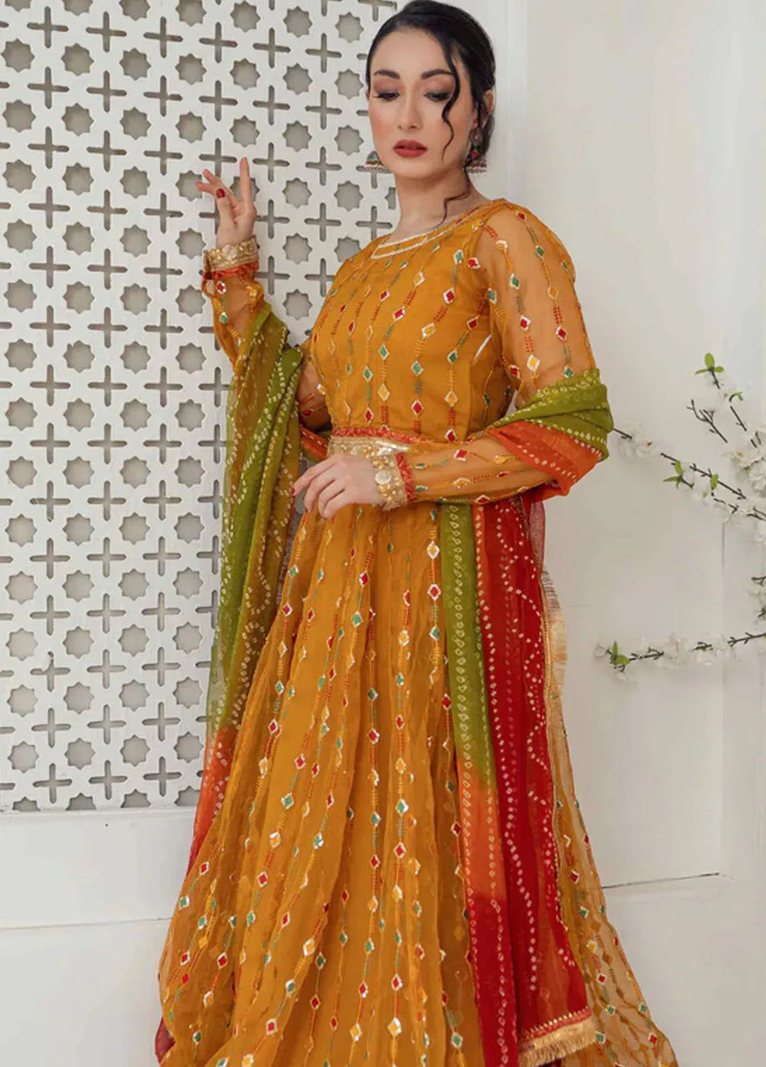 Tassels Pret Embroidered 3 Piece Suit Orchid Mustard Yellow