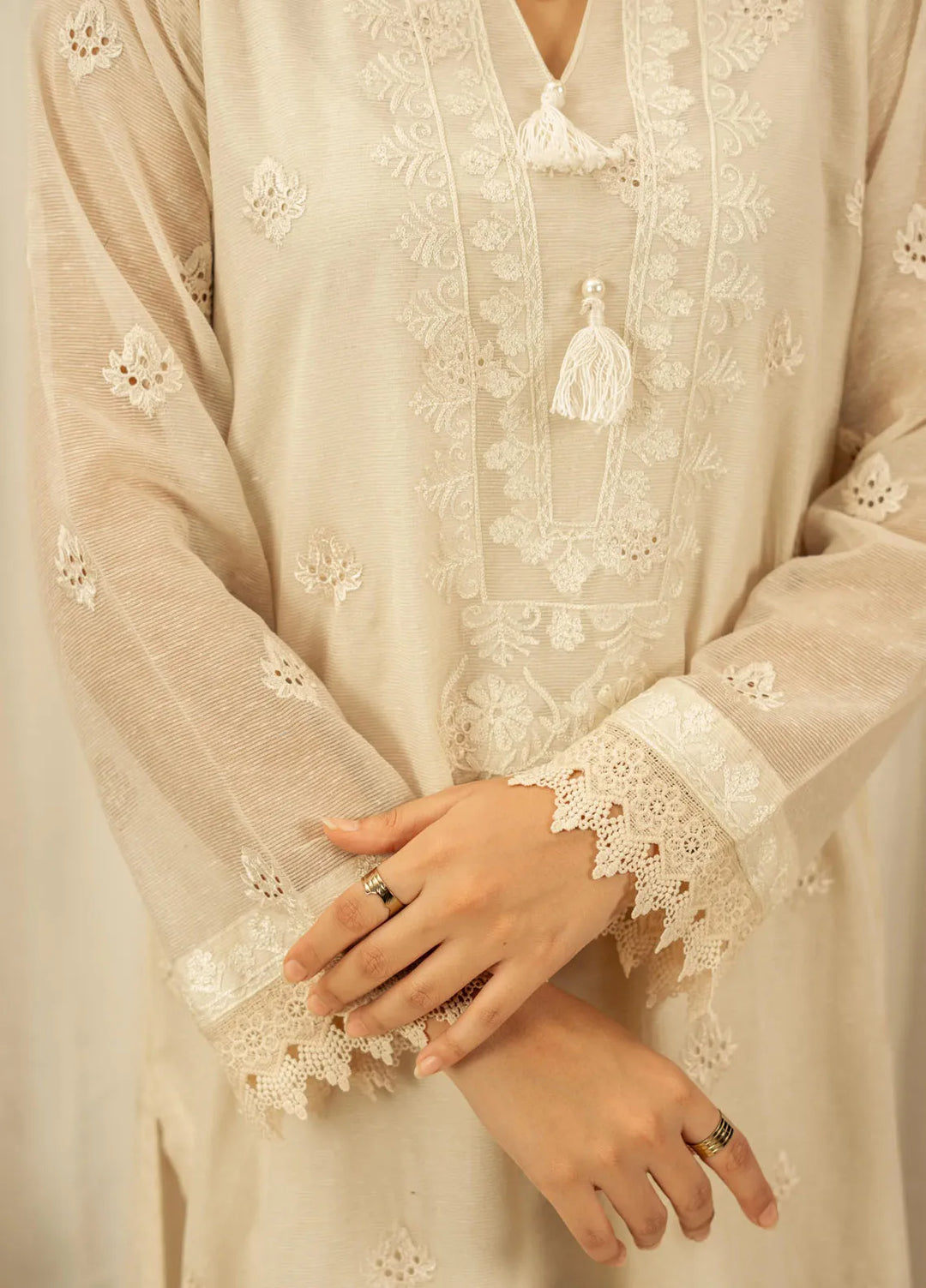 Tassels Pret Embroidered Cotton Net 3 Piece Suit Snowdrop