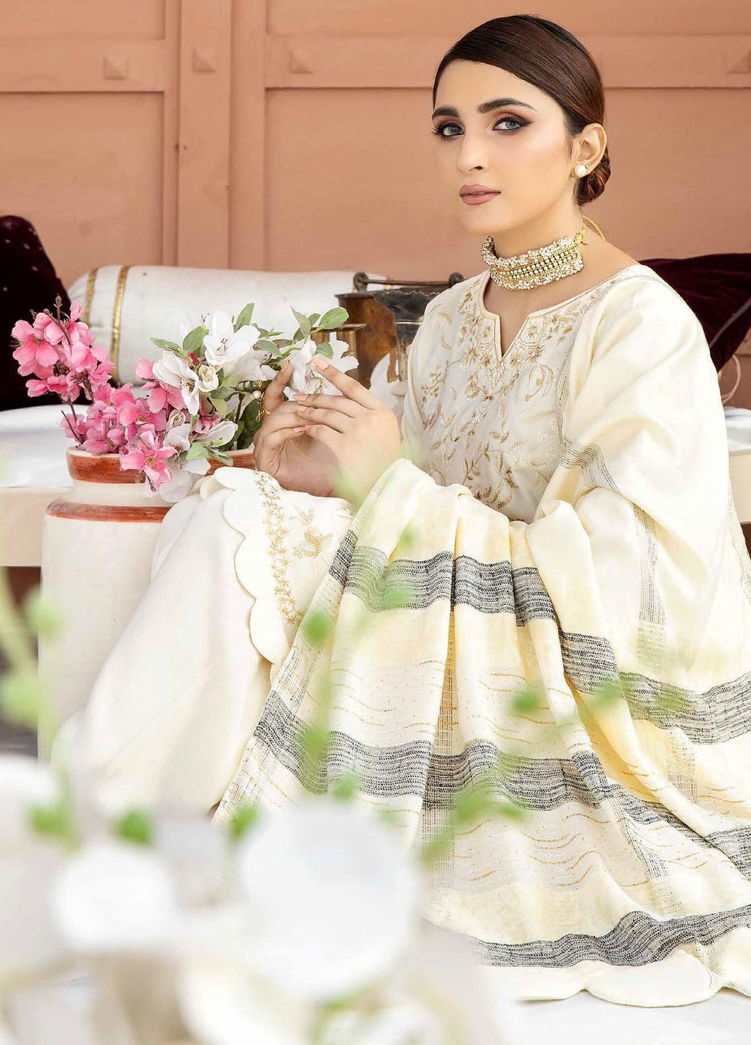 Tehzeeb By Riaz Arts Embroidered Leather Peach Suits Unstitched 3 Piece RA22TL4 TL-57 - Winter Collection