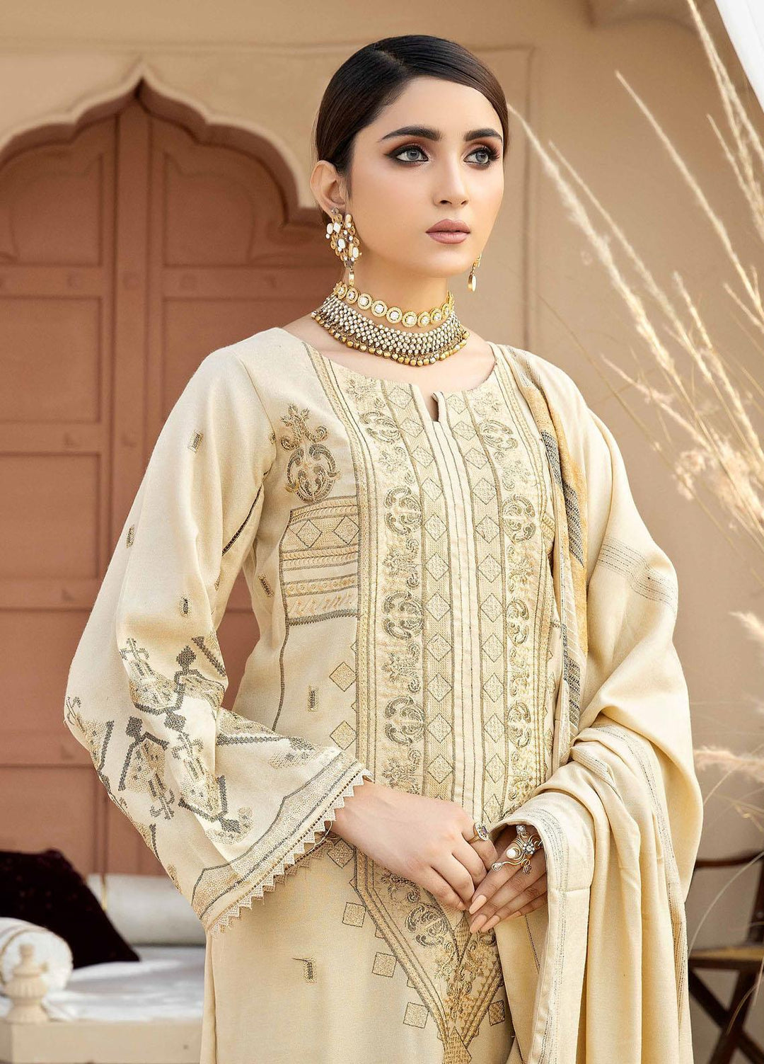 Tehzeeb By Riaz Arts Embroidered Leather Peach Suits Unstitched 3 Piece RA22TL4 TL-60 - Winter Collection