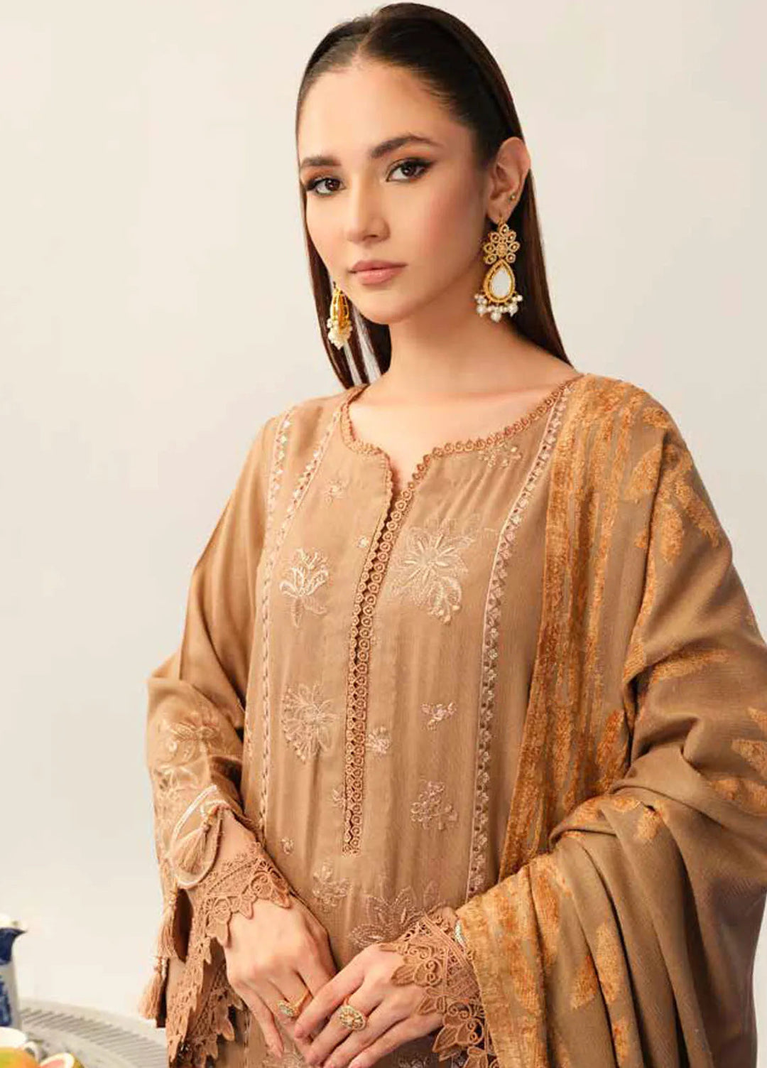 Tehzeeb By Riaz Arts Embroidered Leather Peach Suit Unstitched 3 Piece RA24EW TL-321 - Winter Collection