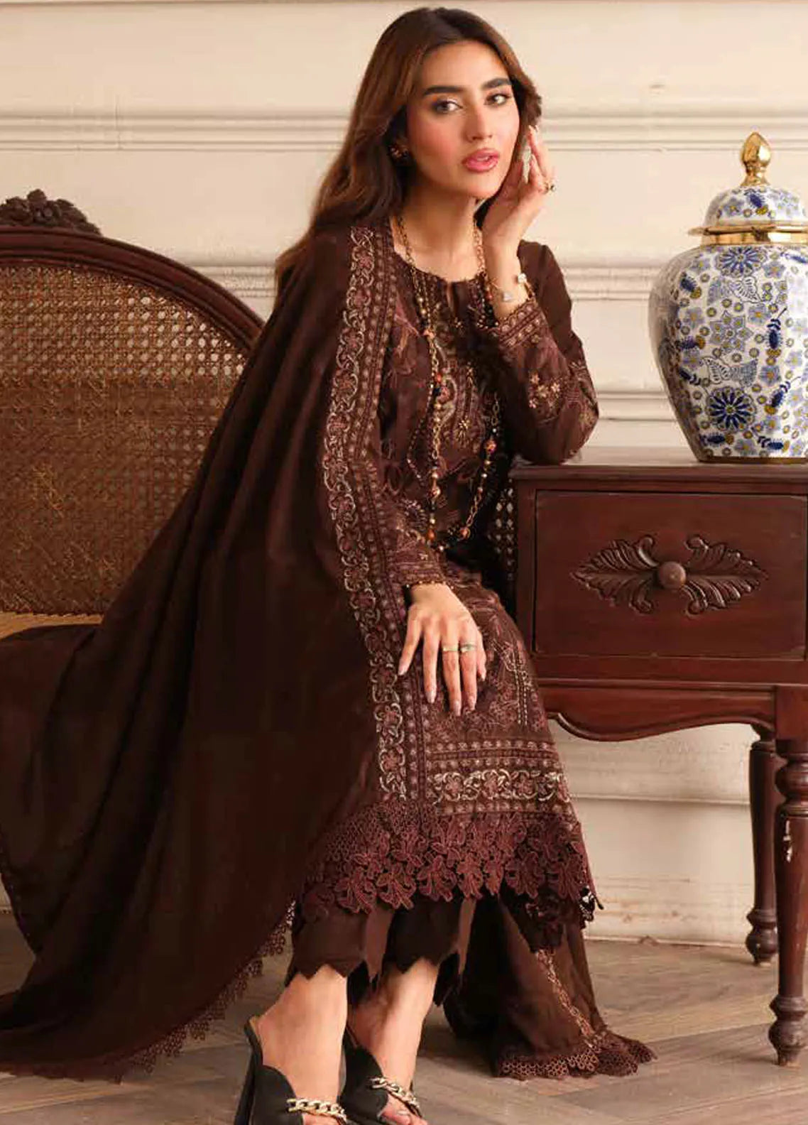 Tehzeeb By Riaz Arts Embroidered Leather Peach Suit Unstitched 3
