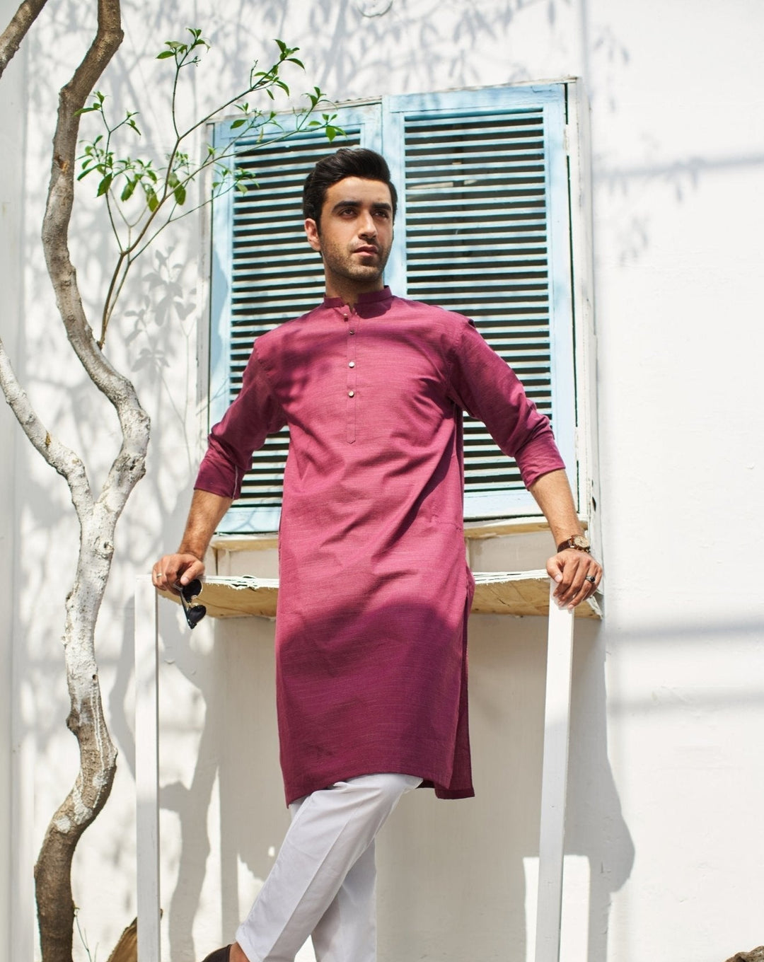 Muraqsh Ready To Wear Solids  Men Textured Wine Cotton Kurta Trouser MUR-TWCKW - Summer Collection