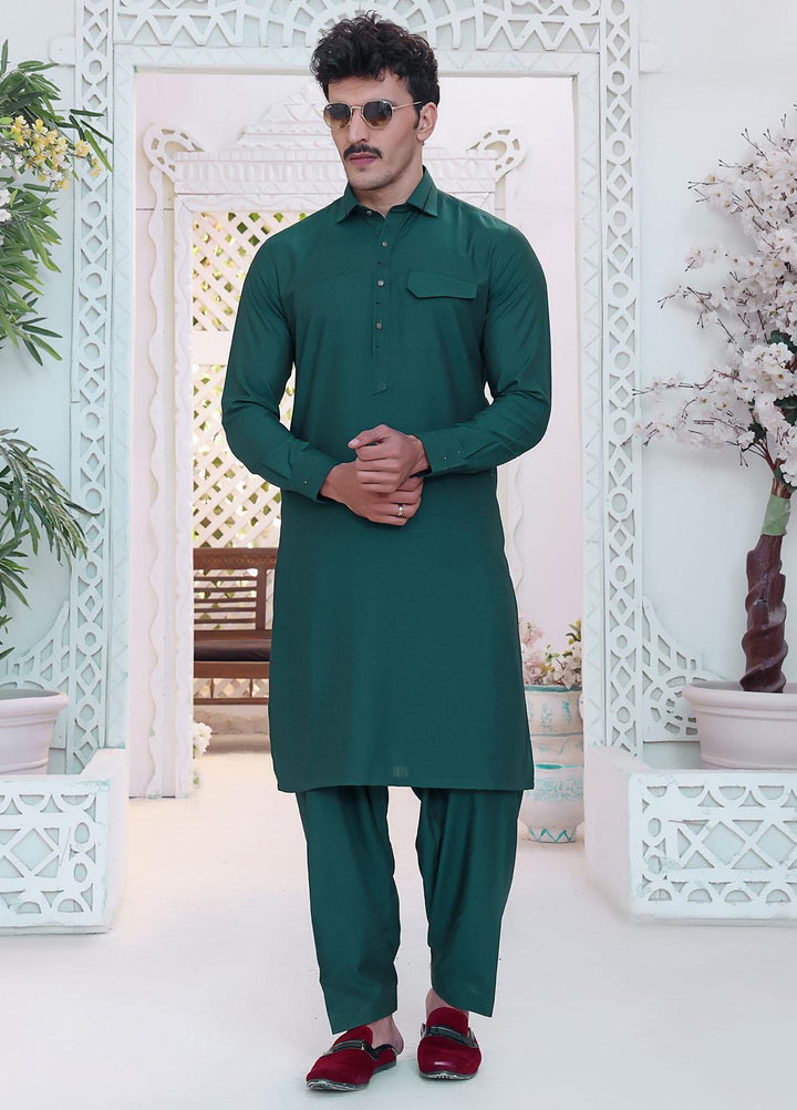 The Great Master (TGM) Wash N Wear Festive Kameez Shalwar for Men -  Green Willow