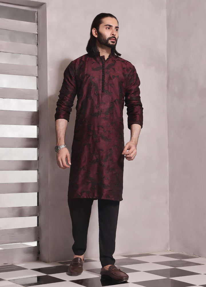 The Great Master (TGM) Jamawar Fancy Kameez Shalwar for Men -  Garnet Silk
