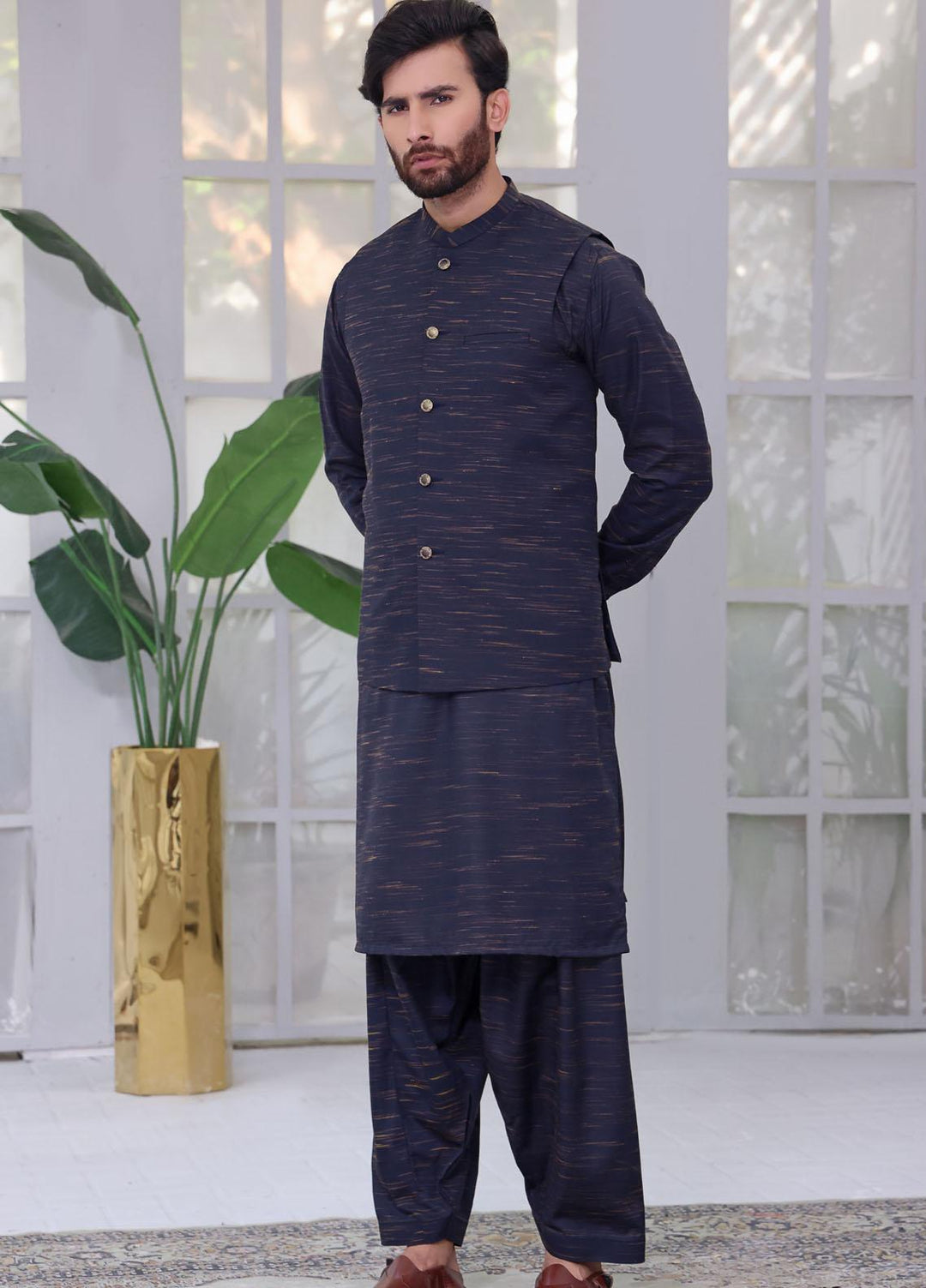 The Great Master (TGM) Wash N Wear Festive Kameez Shalwar with Waistcoat for Men -  Blue Bonnet