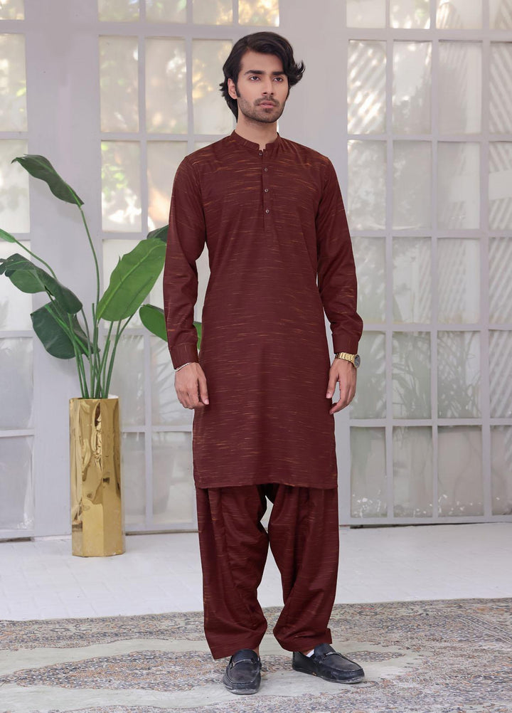 The Great Master (TGM) Wash N Wear Festive Kameez Shalwar with Waistcoat for Men -  Rusty Fern