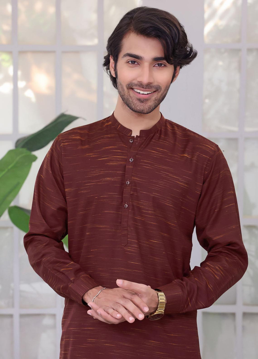 The Great Master (TGM) Wash N Wear Festive Kameez Shalwar with Waistcoat for Men -  Rusty Fern
