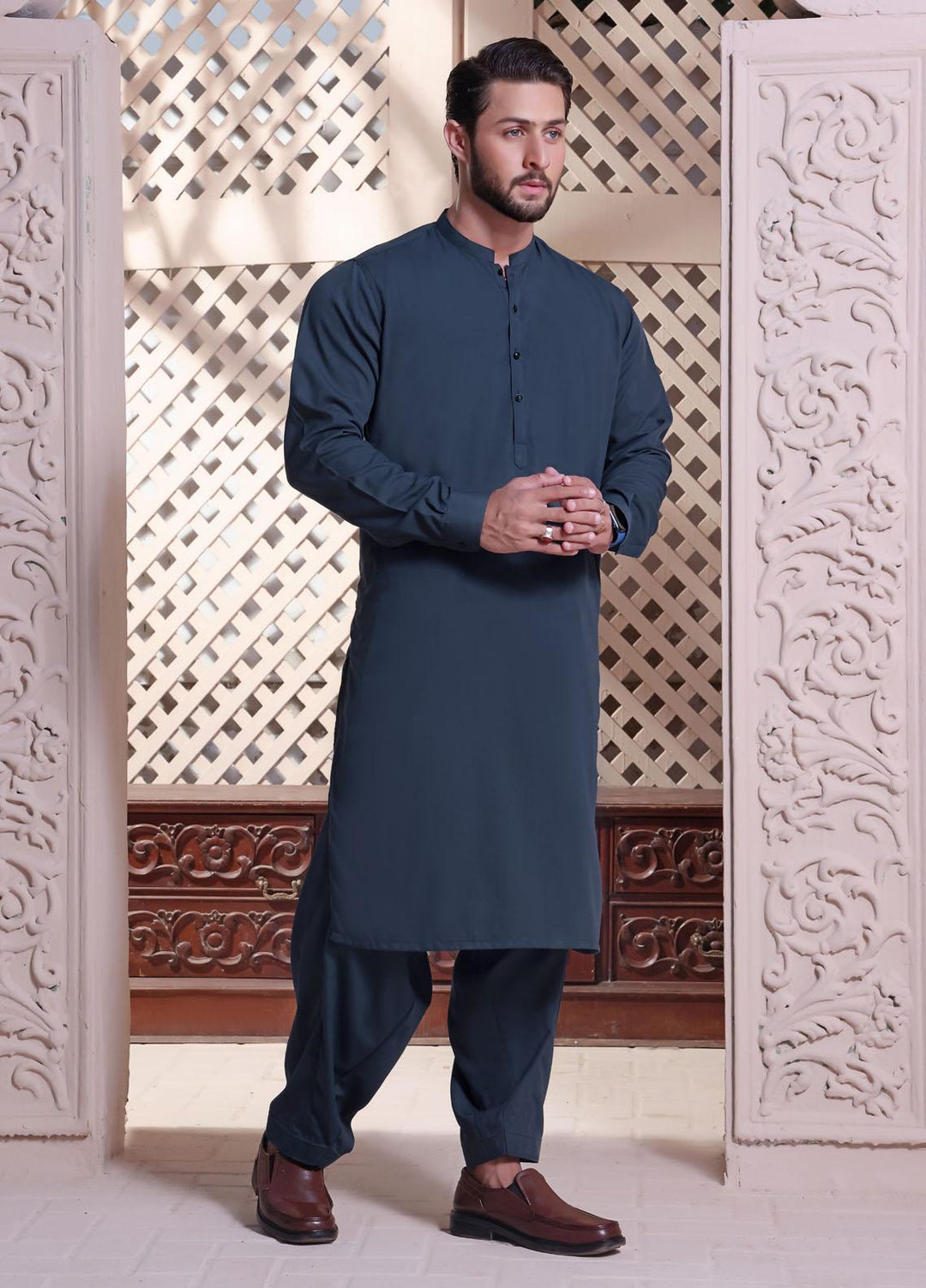 The Great Master (TGM) Wash N Wear Festive Kameez Shalwar with Waistcoat for Men -  Summer Teal