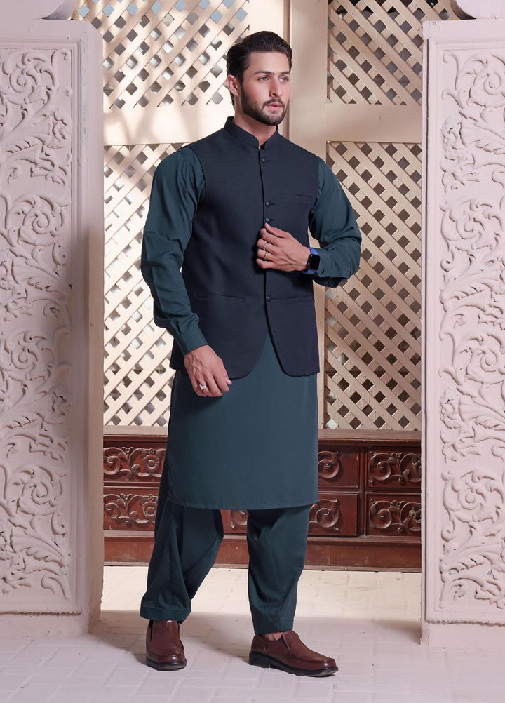 The Great Master (TGM) Wash N Wear Festive Kameez Shalwar with Waistcoat for Men -  Summer Teal