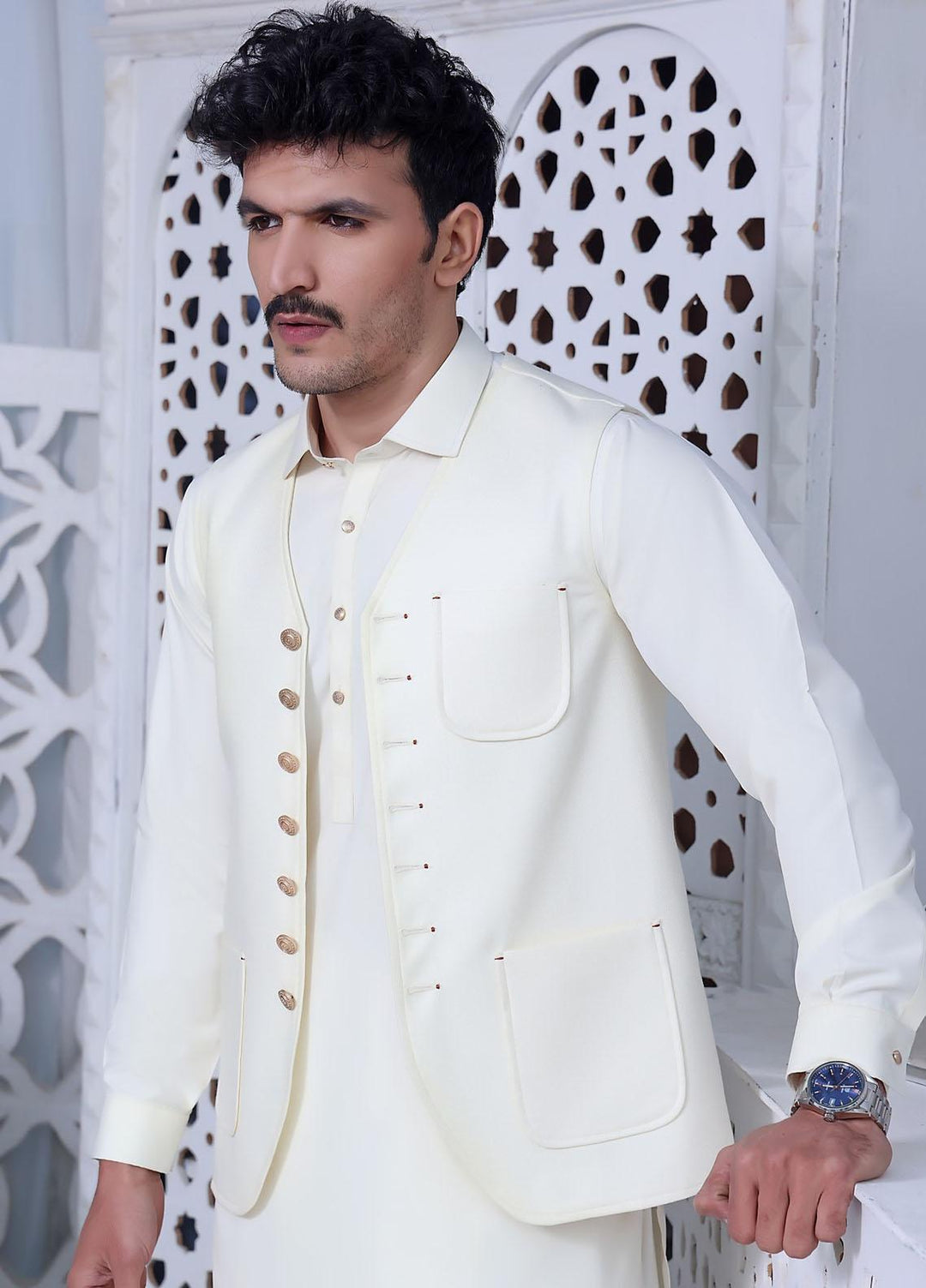 The Great Master (TGM) Wash N Wear Festive Waistcoat 3 Piece Suit for Men -  Butter Bean