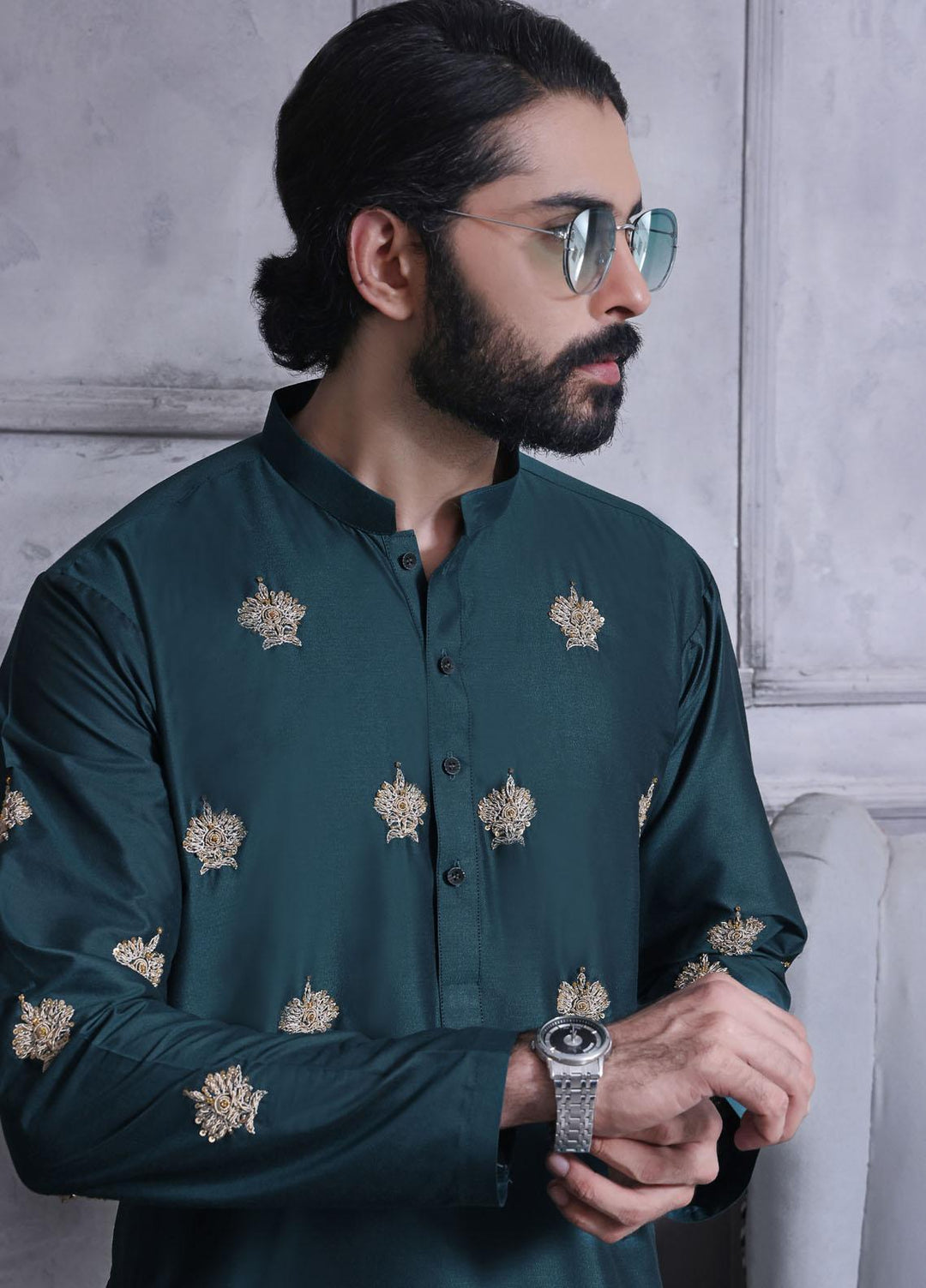 The Great Master (TGM) Cotton Silk Festive Kameez Shalwar for Men -  Green Bristle