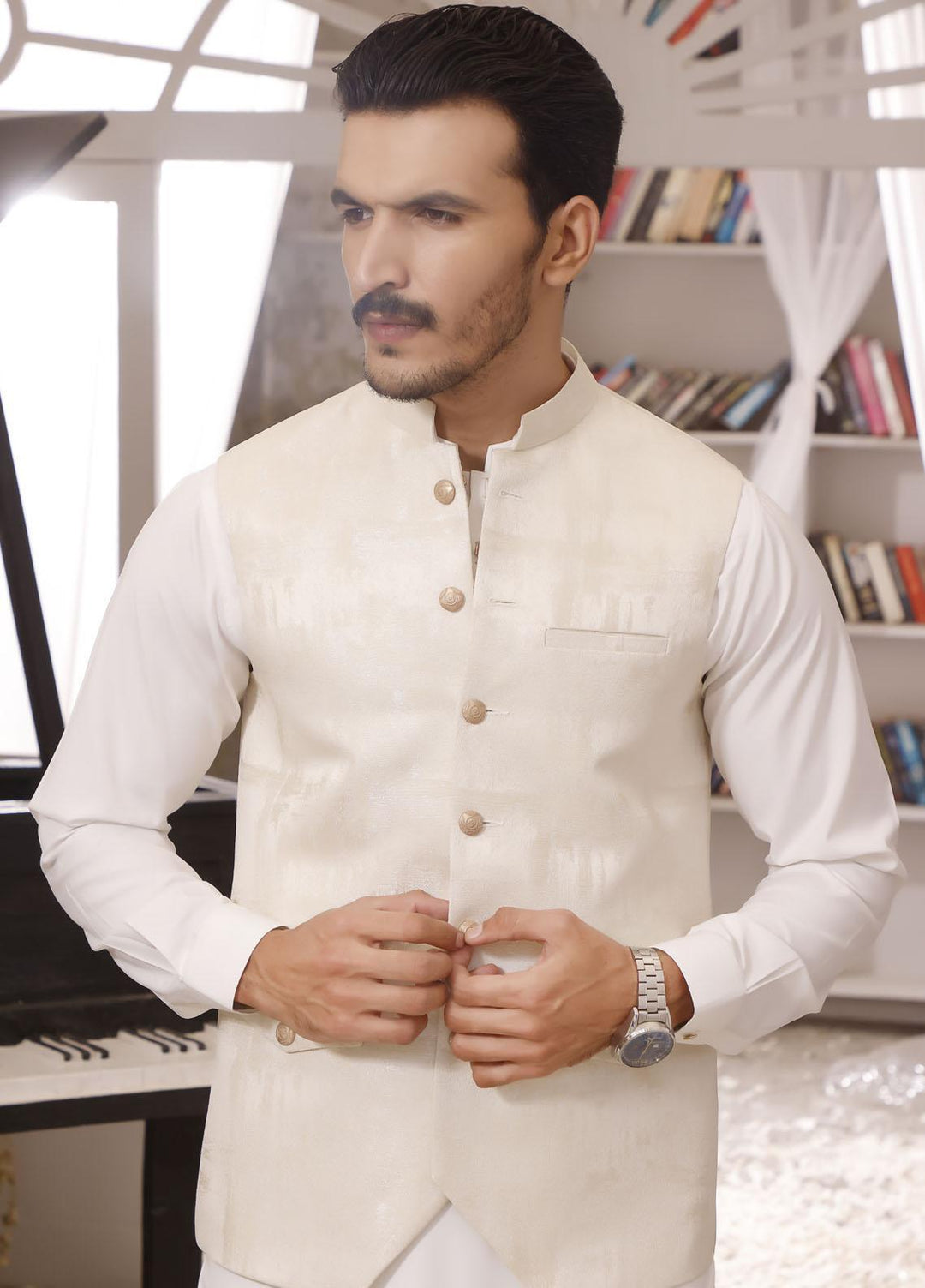 The Great Master (TGM) Wash N Wear Formal Men Kameez Shalwar with Waistcoat -  TGM22MS White Whisper