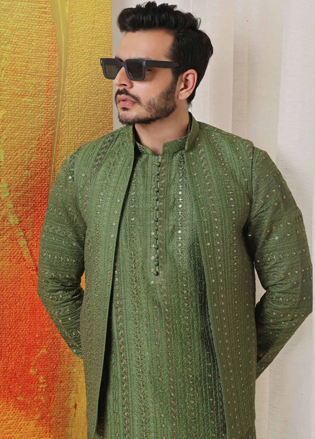 The Great Master (TGM) Raw Silk Formal Men 3 Piece Suit -  Lime Luxe