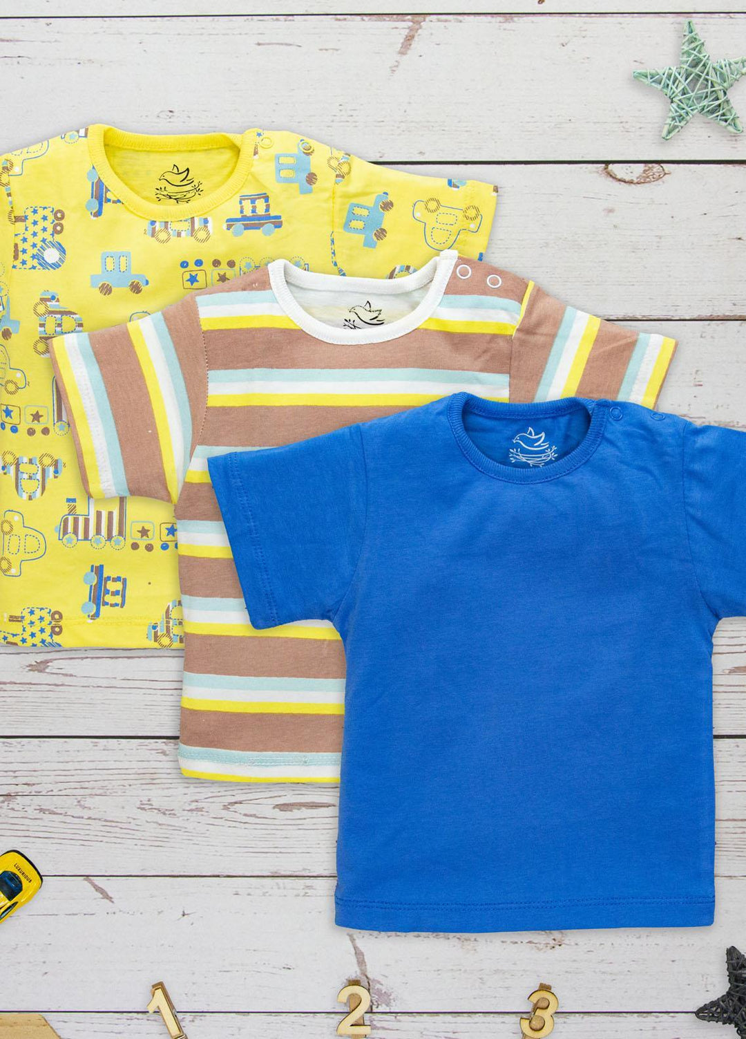 The Nest Cotton Fancy Boys T-Shirt -  Short Sleeve T-Shirt (Yellow Car) Pack of 3