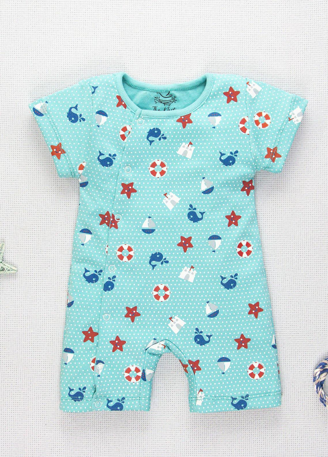 The Nest Cotton Fancy Romper for Kids -  Short Sleeve Romper (Grey Star & Fish)