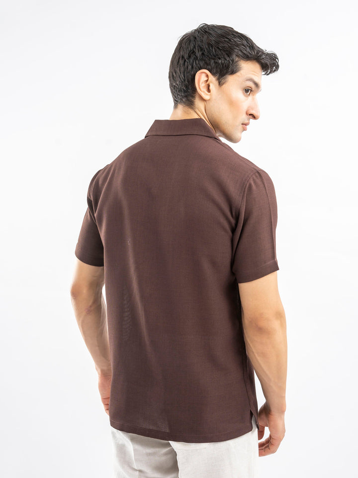 Brumano Ready To Wear Shirts Men 1 Piece Polyester Dark Brown Structured Cuban Collar Shirt 0-33-025-4381 - Summer Collection