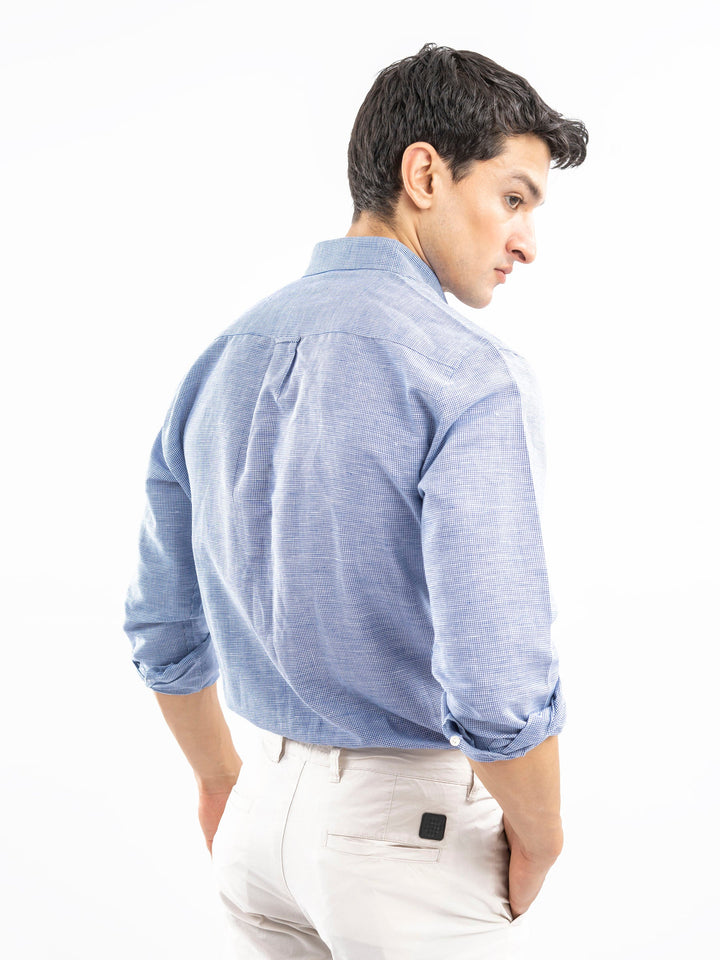 Brumano Ready To Wear Shirts Men 1 Piece Cotton Blue Houndstooth Patterned Linen Shirt 0-31-025-4462 - Summer Collection