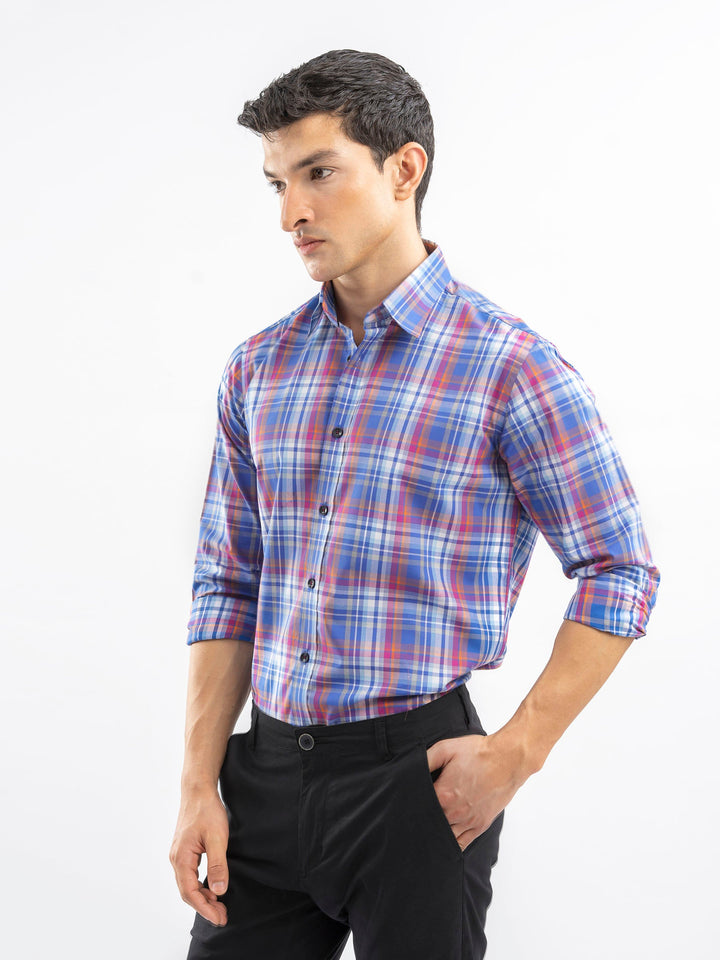 Brumano Ready To Wear Shirts Men 1 Piece Cotton Royal Blue Checkered Tartan Plaid Shirt 0-31-025-4547 - Summer Collection