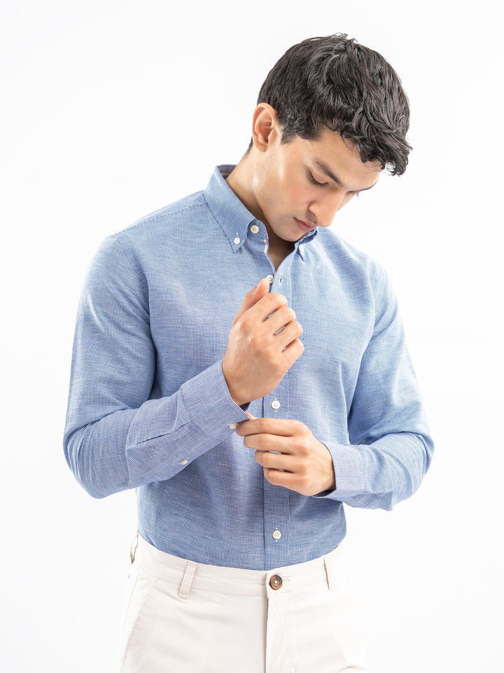 Brumano Ready To Wear Shirts Men 1 Piece Cotton Blue Houndstooth Patterned Linen Shirt 0-31-025-4462 - Summer Collection