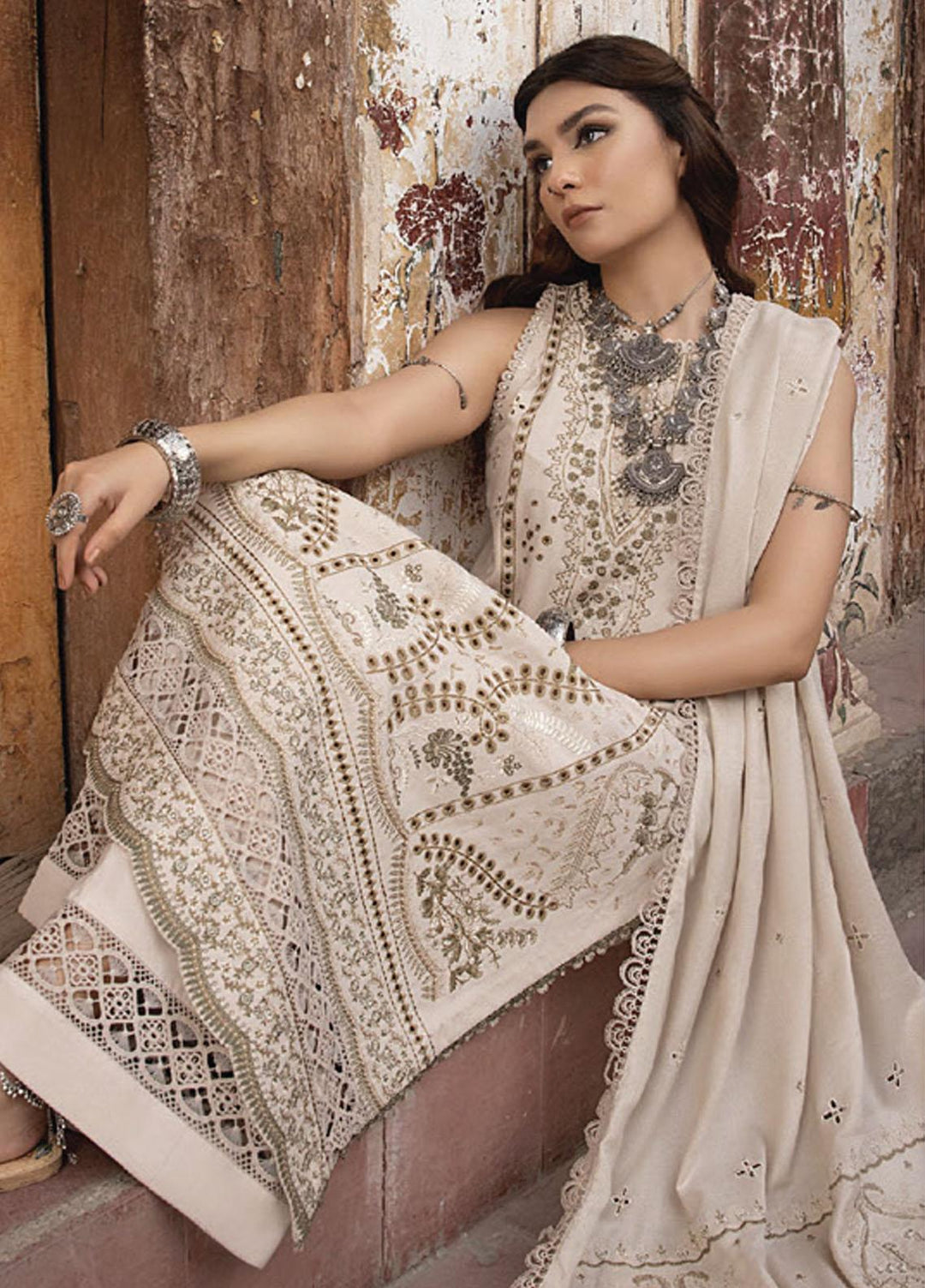 Vasl By Humdum Embroidered Leather Peach Suits Unstitched 3 Piece HD23V 06 - Winter Collection