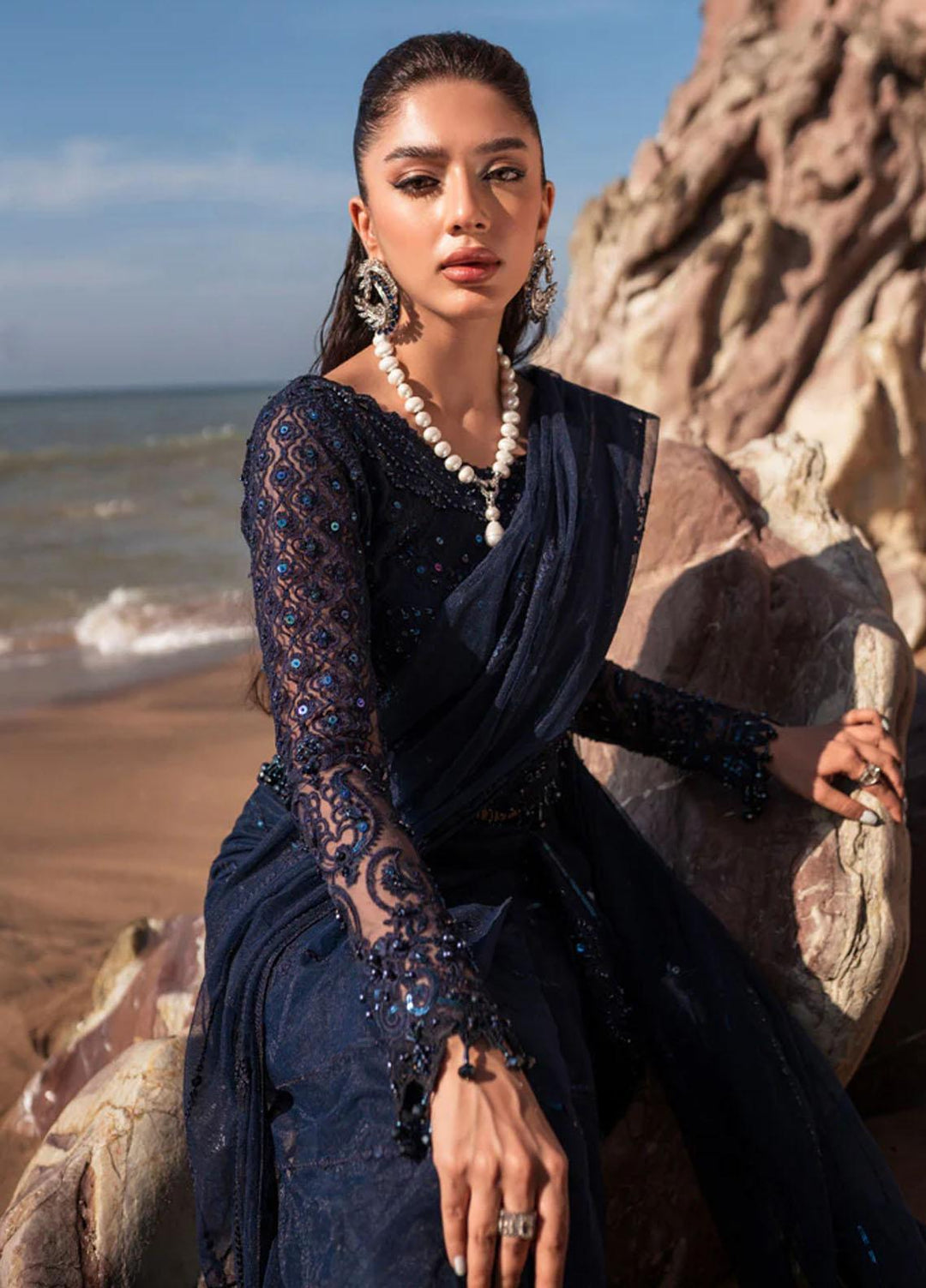 Versailles By Muneefa Naz Embroidered Net Unstitched Saree MN22V Elisa - Wedding Collection