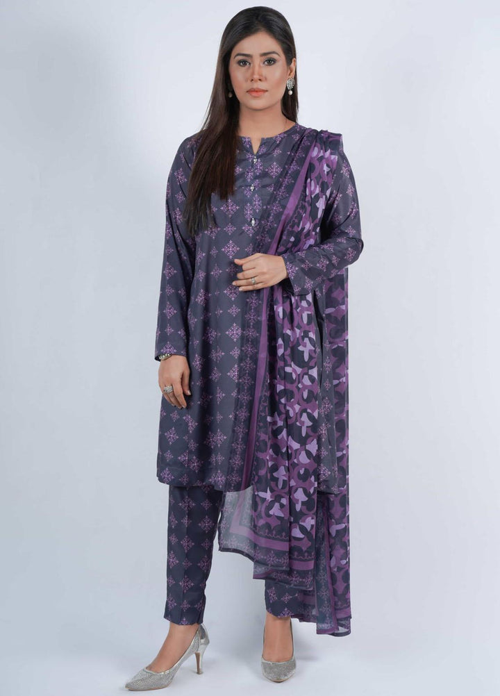 Vibgyor Fashion Printed Silk Suits Unstitched 3 Piece Monochromatose Navy Blue D3-C1-23U - Formal Collection