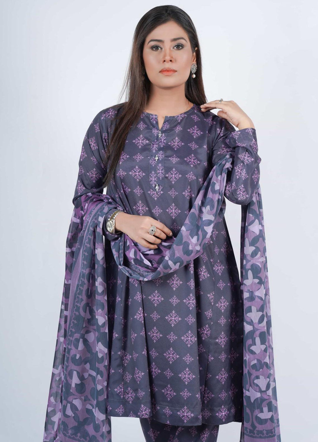 Vibgyor Fashion Printed Silk Suits Unstitched 3 Piece Monochromatose Navy Blue D3-C1-23U - Formal Collection