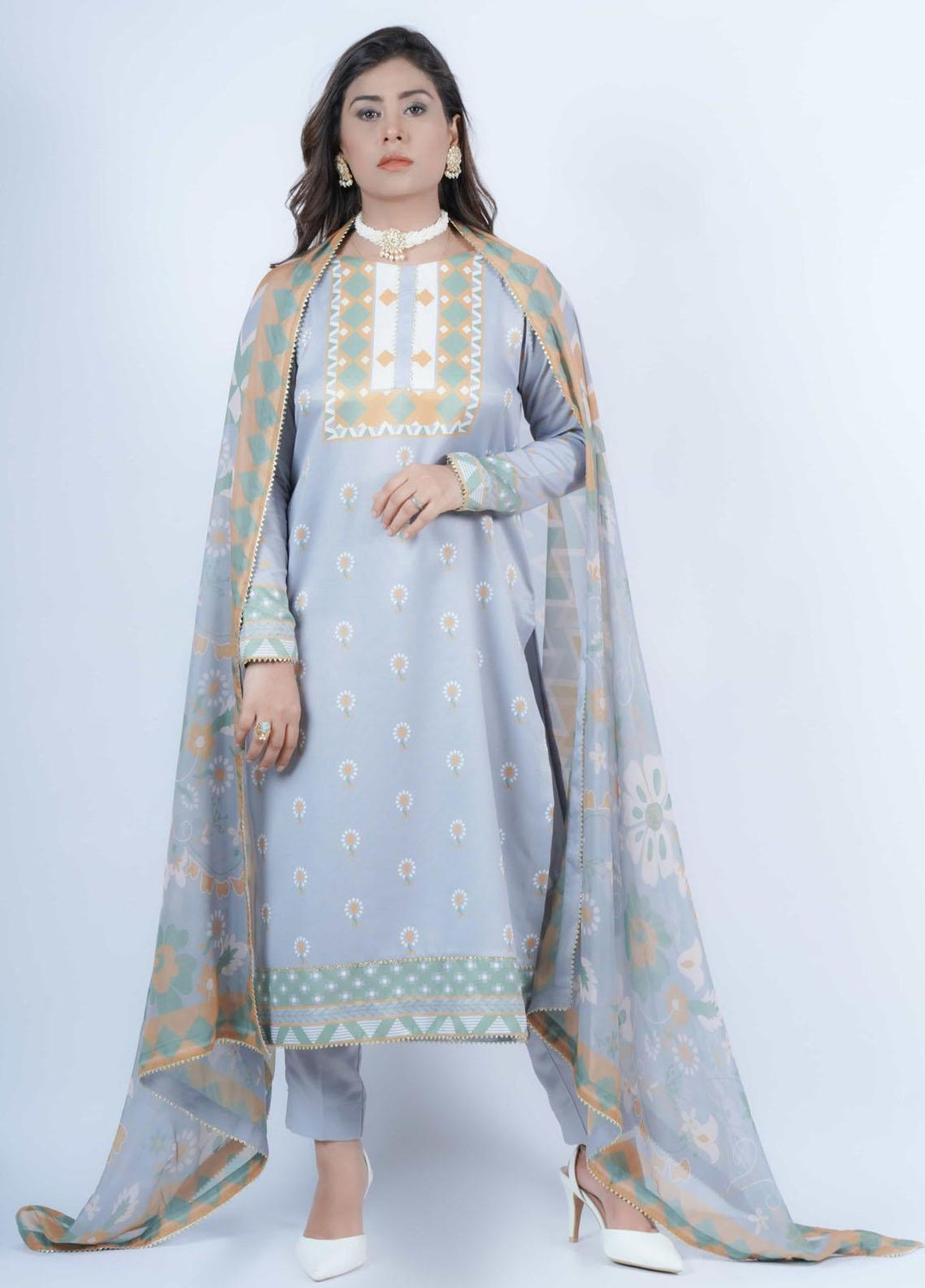 Vibgyor Fashion Printed Corduroy Suits Unstitched 3 Piece Daisy Light Blue D9-C1-23U - Formal Collection