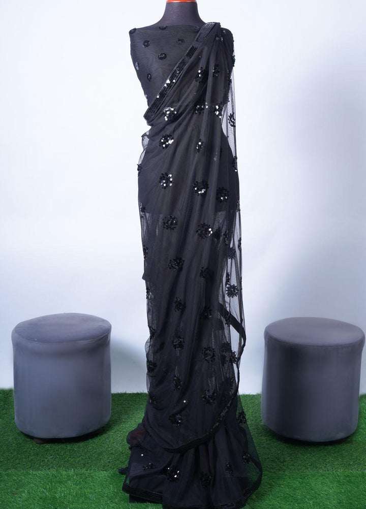 Vibgyor Fashion Embroidered Net  Unstitched Saree S1-C2-23U Chakra Black - Festive Collection