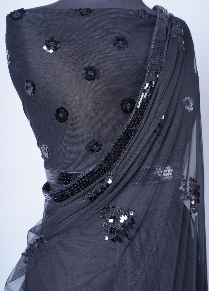 Vibgyor Fashion Embroidered Net  Unstitched Saree S5-23U Chakra Flora Black - Festive Collection
